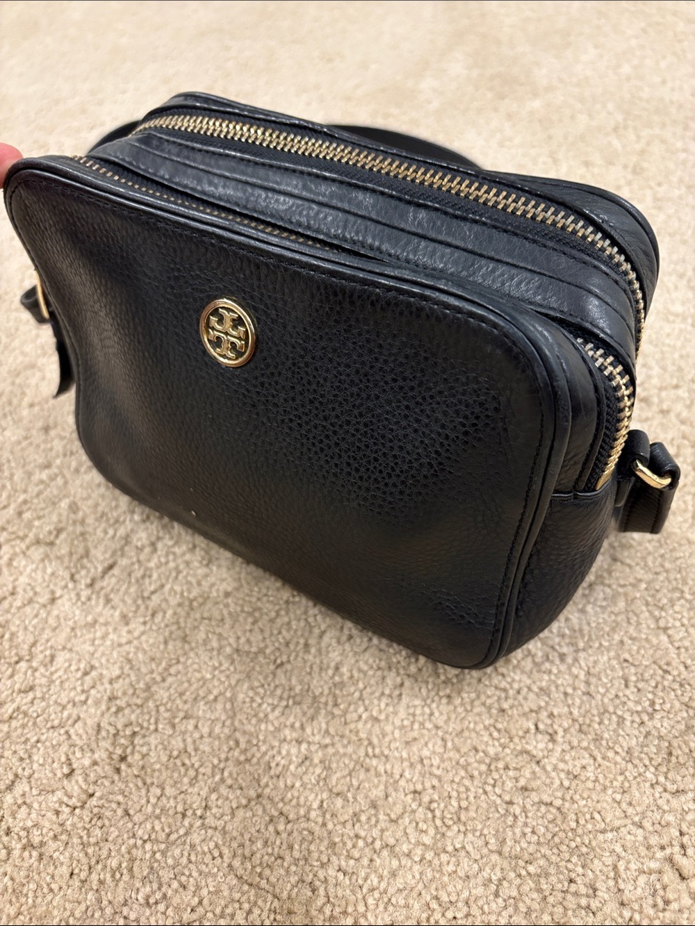 Tory Burch Black Pebbled Leather Compact Crossbody with Gold Logo